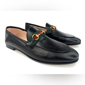 Gucci Jordaan Horsebit Web Sylvie Black Leather Moccasin Women Loafers EU 41.5